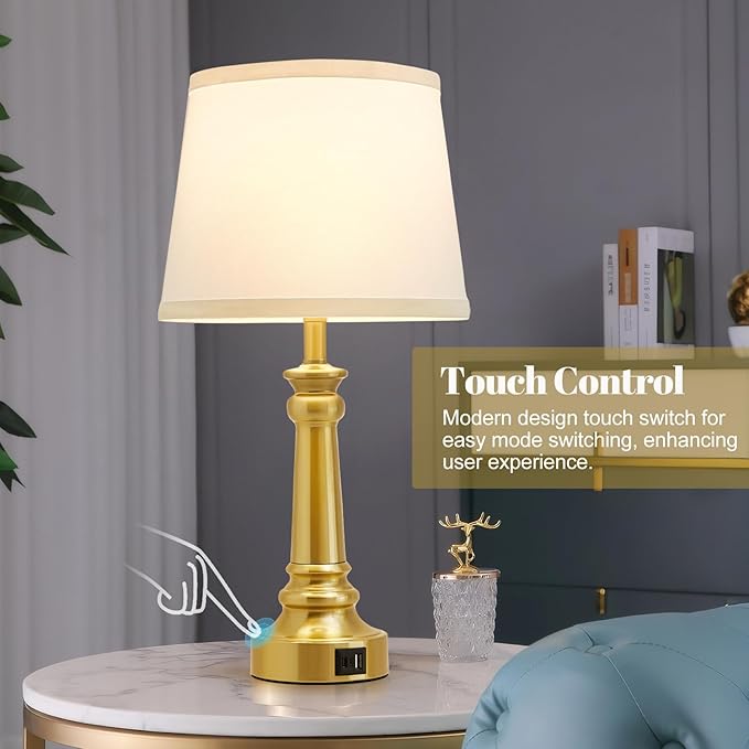 Touch Lamps for Nightstand Set of 2 - Gold Table Lamp for Bedroom 3 Way Dimmable Bedside Lamps with USB C+A Ports - Lamps for Night Stands Living Room End Table,2 LED Bulbs Included