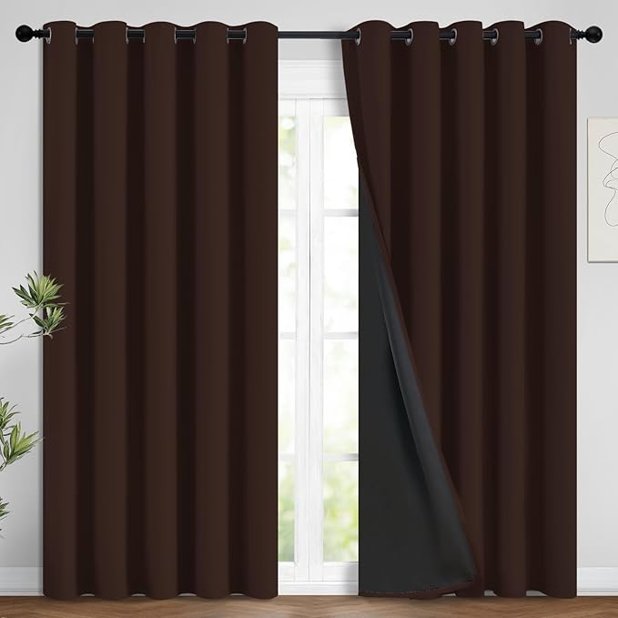 Yakamok 100% Blackout Curtains for Bedroom, 2 Thick Layers Thermal Insulated Grommet Total Blackout Drapes with Black Liner for Living Room (62Wx96L,Chocolate Brown, 2 Panels)