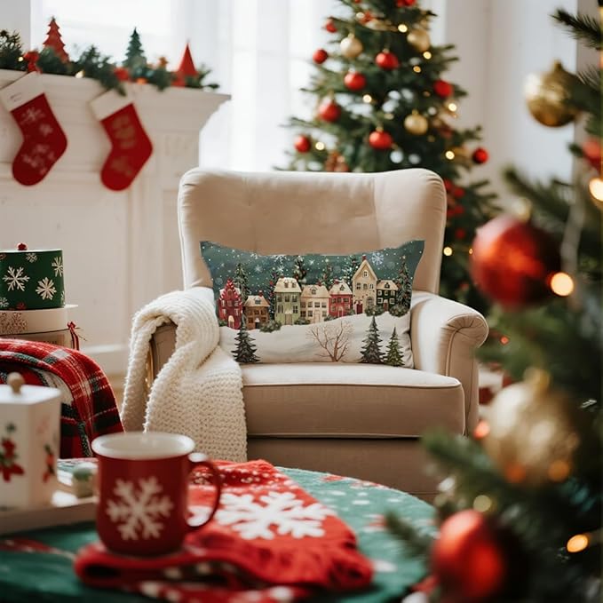 Winter Lumbar Decorative Rectangle Pillow Cover 12 x 20, Wonderland Forest House Snowflake Vintage Porch Outdoor Pillowcase, Christmas Holiday Seasonal Farmhouse Cushion Case Home Decor