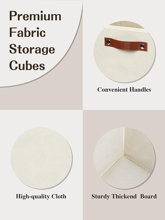 Temary 11x11 Storage Cubes Fabric Cube Storage Bins with Handles Clothes Storage Boxes Baskets for Organizing Home, Shelf, Closet (Beige, 11 x 11 x 11)