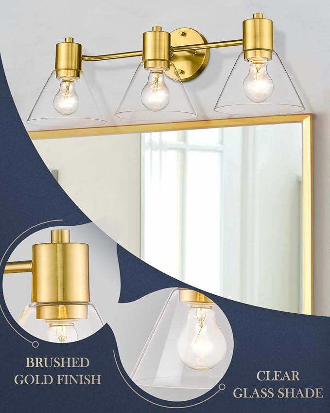 LMS Gold Bathroom Vanity Light Fixtures, 3 Light Bathroom Light Fixtures with Clear Glass Shade, LMS-108