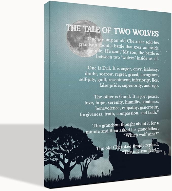 Wolf Wall Art: The Tale of Two Wolves - Native American Inspirational Quote Canvas Poster, Decor, Gifts 6x8 inch