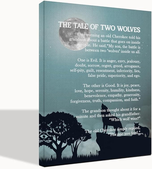 Wolf Wall Art: The Tale of Two Wolves - Native American Inspirational Quote Canvas Poster, Decor, Gifts 6x8 inch