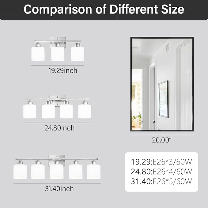 5 Light Bathroom Light Fixtures Brushed Nickel, Bathroom Vanity Light with Milky White Frosted Glass Shade, Vanity Lights for Mirror Bedroom Living Room E26 Base