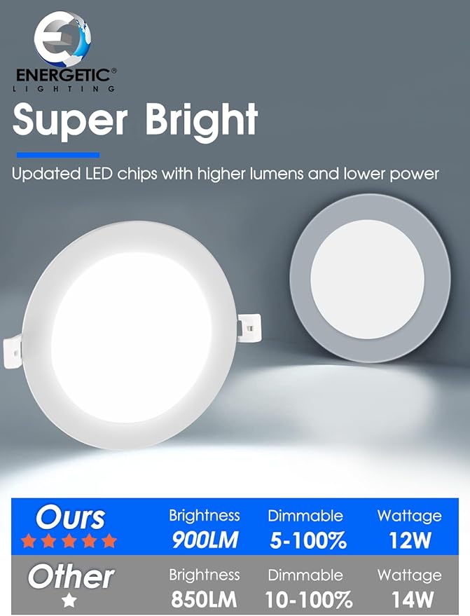 6 Inch Ultra-Thin LED Recessed Lighting with Junction Box, 5000K Daylight Canless Wafer Downlight, 12W=110W Eqv, Dimmable LED Ceiling Lights, 900LM, ETL Certified, 6 Pack