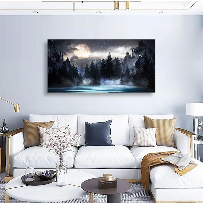 Mountain Moon Pictures Canvas Wall Art for Living room Office Bedroom Wall Decor,Moon Wall Art Print Paintings Modern Forest Nature Blue Lake Artwork Waterproof Ready to Hang-28X57 inch
