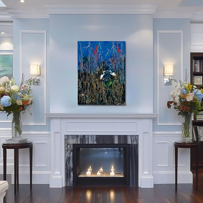 Sense&Sensitivity Arts Abstract Blue Heron & Egret Canvas Print Wall Art 32" x 24" Vertical Modern Abstract Wall Decor for Living Room, Bathroom, Bedroom, Kitchen, Office & Hallway