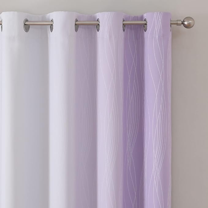 Estelar Textiler Lilac and Greyish White Blackout Curtains 63 Inch Length 2 Panels Set, Room Darkening Grommet Ombre Curtains for Bedroom, Thermal Insulated Light Blocking Gradient Drapes, 52Wx63L