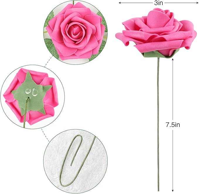 AmyHomie 25pcs Real Looking Artificial Hot Pink Roses w/Stem for DIY Wedding Bouquets Centerpieces Arrangements Party Baby Shower Home Decorations