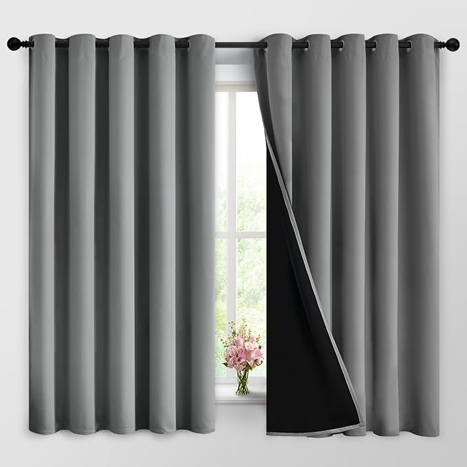 Yakamok 100% Grey Blackout Curtains for Bedroom, Light Blocking Thermal Insulated Noise Reducing Blackout Drapes for Living Room(62Wx63L, 2 Panels)