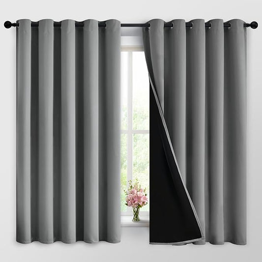 Yakamok 100% Grey Blackout Curtains for Bedroom, Light Blocking Thermal Insulated Noise Reducing Blackout Drapes for Living Room(62Wx63L, 2 Panels)
