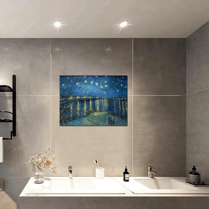 QBQT Starry Night Over the Rhone by Van Gogh Landscape Canvas Wall Art Bathroom Decor Famous Painting Print Blue Artwork for Living Room Home Office Decor Frame 12x16inch