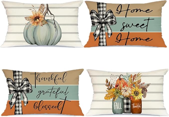 AACORS Fall Pillow Covers 12 x 20 Inch Set of 4, Pumpkin Home Sweet Home Thankful Grateful Blessed Harvest Floral Decorations Autumn Seasonal Pillow Case Decor for Sofa Couch AA275-12