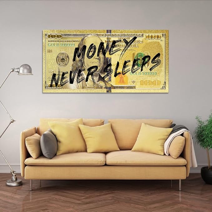 Large Size Modern Home Decor Wall Paintings Motivational Benjamin Franklin 100 Dollar Bill Wall Art Framed Office Art Living Room Wall Decor Framed Easy to Hang-48x24 inch