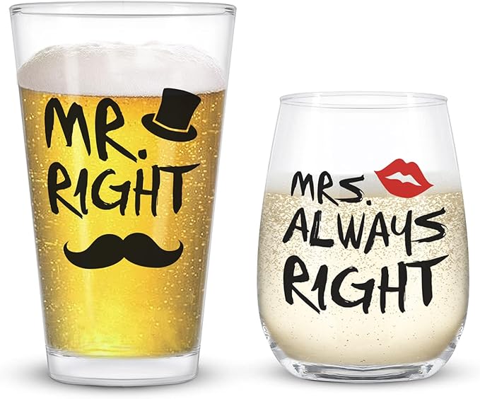 Mr. Right and Mrs. Always Right Stemless Wine Glass and Beer Glass, Funny Couple Set for Her Him Newlywed Couples - Ideal for Wedding Anniversary Valentines Birthday Christmas, 12Oz