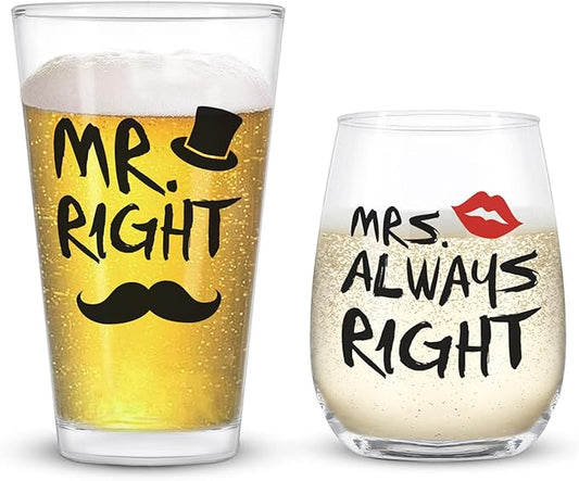 Mr. Right and Mrs. Always Right Stemless Wine Glass and Beer Glass, Funny Couple Set for Her Him Newlywed Couples - Ideal for Wedding Anniversary Valentines Birthday Christmas, 12Oz