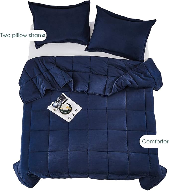 HIG 3pc Prewashed All Season Down Alternative Comforter Duvet Insert -Quilted Comforter with Corner Tabs -Box Stitched -250GSM Fiberfill Chic Farmhouse Style Bedding(Salomon,Queen,Navy)