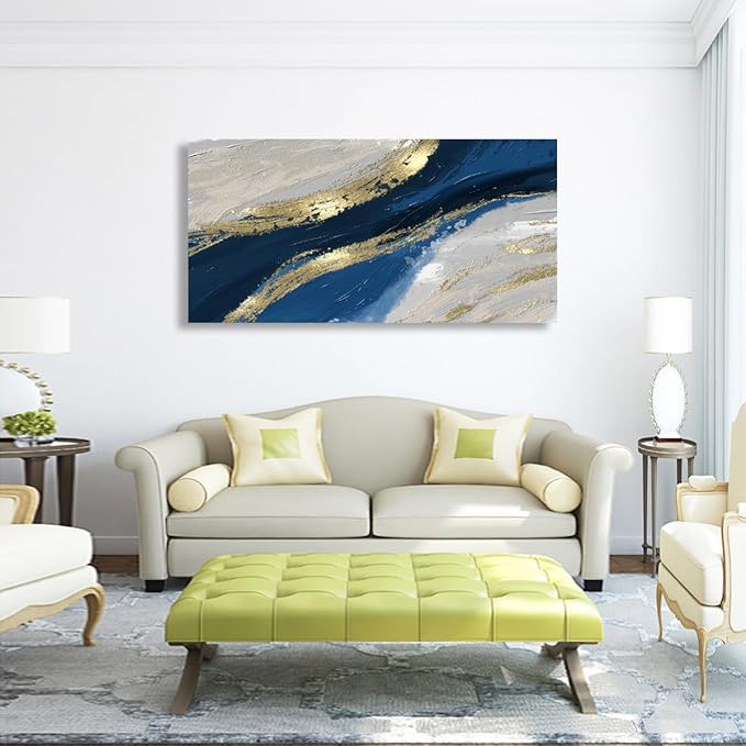 Golden Abstract Wall Art Bedroom Wall Decor Living Room,Blue Canvas Wall Art Office Farmhouse Paintings Artwork Modern Blue White Boho Wall Art Prints Pictures 20 * 40inch