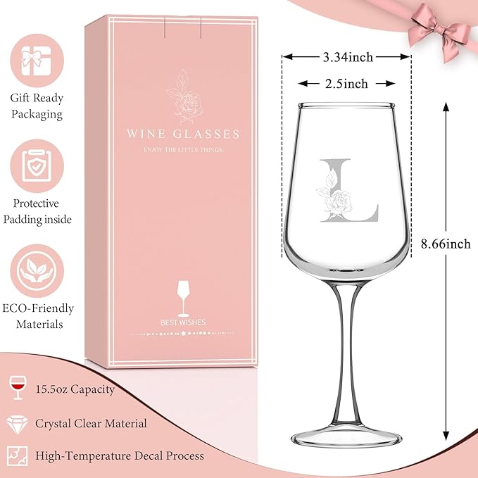 Monogrammed Wine Glass Gifts for Women - Personalized A-Z Wine Glasses with Gift Box & Greeting Card | Custom Mothers day, Anniversary, Birthday Gifts for Her, Mom, Wife, Best Friend, Sister,Woman (L)