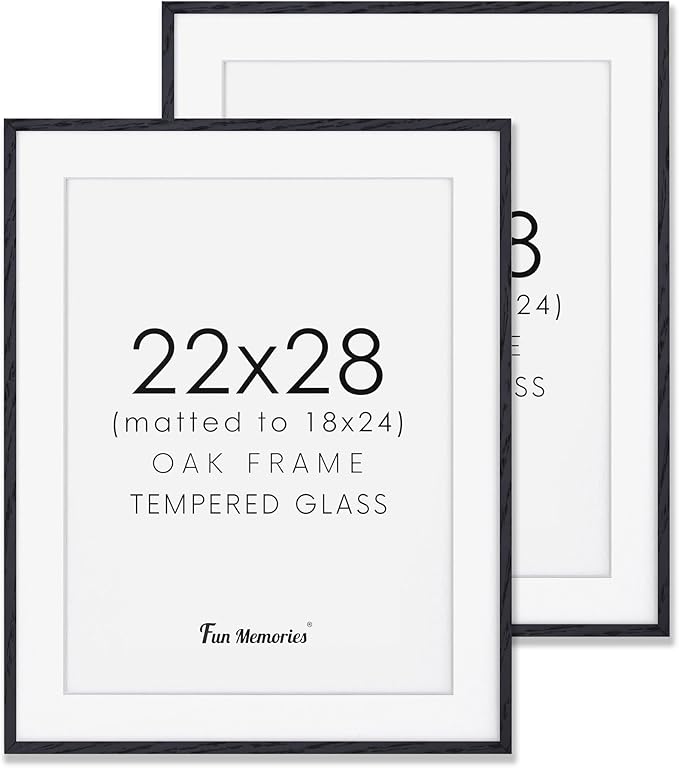 22x28 Black Picture Frame, 22"x28" Oak Wood Frame for Wall, Rustic Poster Frames 22 x 28, 22x28 Matted Frame to 18x24, Tempered Real Glass, 22 by 28 Art Frame (Black, 2 Pack)