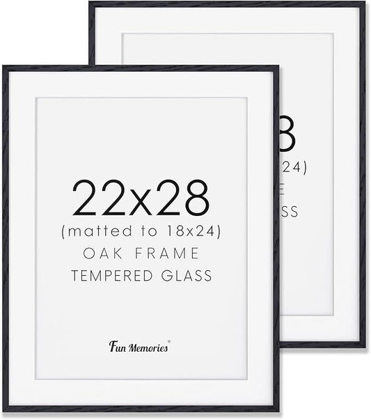 22x28 Black Picture Frame, 22"x28" Oak Wood Frame for Wall, Rustic Poster Frames 22 x 28, 22x28 Matted Frame to 18x24, Tempered Real Glass, 22 by 28 Art Frame (Black, 2 Pack)