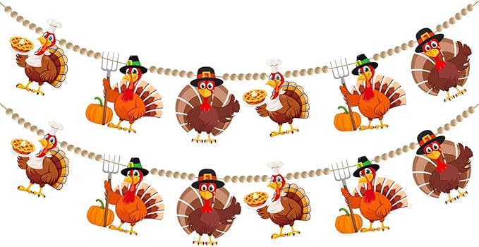 Doumeny 2Pcs Fall Thanksgiving Felt Garland with Wood Bead Thankful Felt Turkey Banner Garland Turkey Wood Bead Bunting Banner Happy Thanksgiving Hanging Bunting for Home Fireplace Harvest Party Decor