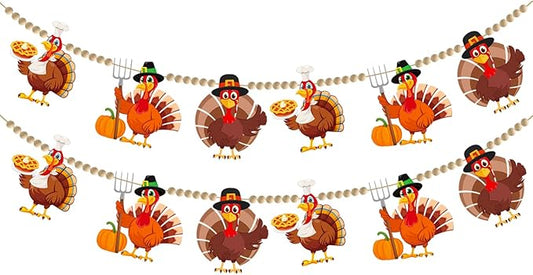 Doumeny 2Pcs Fall Thanksgiving Felt Garland with Wood Bead Thankful Felt Turkey Banner Garland Turkey Wood Bead Bunting Banner Happy Thanksgiving Hanging Bunting for Home Fireplace Harvest Party Decor