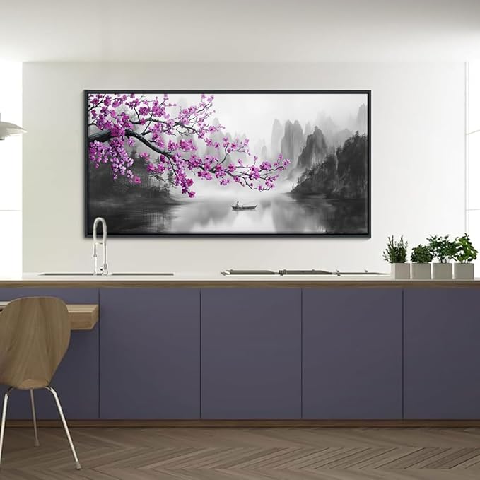 Large Purple Wall Art Decor for Living Room Bedroom Framed Black and White Landscape Full Moon Purple Flower Painting Canvas Picture Plum Blossom Artwork for Home Office 29x58IN