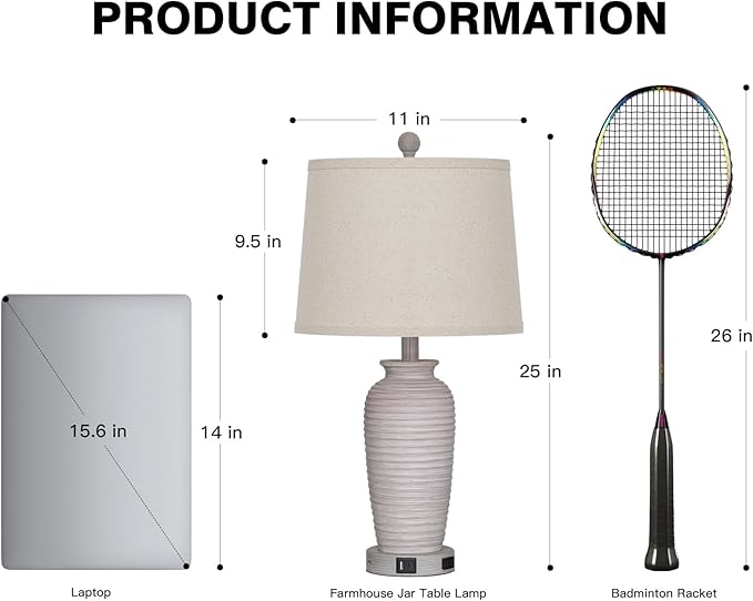 25" Vintage Farmhouse Jar Table Lamps, Single Rustic Bedside Lamp with USB A+C Ports & AC Outlet, Nightstand Lamps for Living Room, Bedroom, End Table, Grey White(LED Bulb Included)