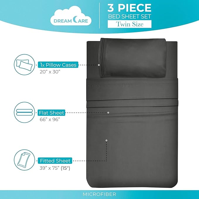 DREAMCARE Twin Sheets - 3pcs Cooling Sheets up to 21' Extra Deep Pocket Twin Bed Sheets - Twin Sheet Set - Soft & Long Lasting 100% Fine Brushed Polyester with Side Pocket - DGray