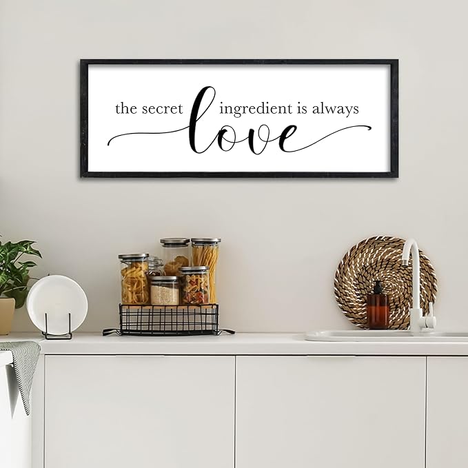 Surfapans The Secret Ingredient Is Always Love Sign Wall Art Decor 32"×12" for Kitchen Dining Room Large Wood Framed Hanging (Black)