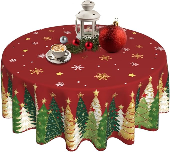 Christmas Round Tablecloth 60x60 Inch Xmas Snowflakes Trees Table Cover Holiday Decorations Seasonal Decor for Home Kitchen Dining Room Picnic Party Winter Red