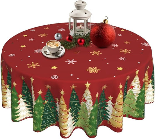 Christmas Round Tablecloth 60x60 Inch Xmas Snowflakes Trees Table Cover Holiday Decorations Seasonal Decor for Home Kitchen Dining Room Picnic Party Winter Red