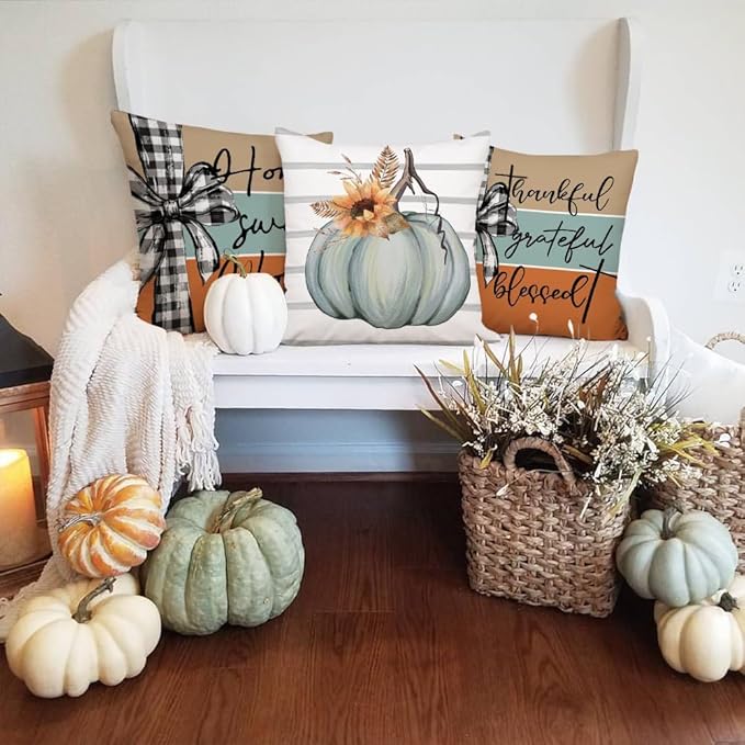 AACORS Fall Pillow Covers 18 x 18 Inch Set of 4, Pumpkin Home Sweet Home Thankful Grateful Blessed Harvest Floral Decorations Autumn Seasonal Pillow Case Decor for Sofa Couch AA275-18