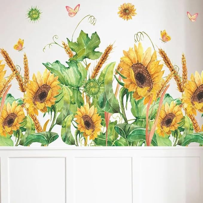 12x36 Inch Set - Sunflower Themed Floral Wall Decals for Decor, Self Adhesive Vinyl for Home Decor for Nursery, Home, (Floral Design #5)