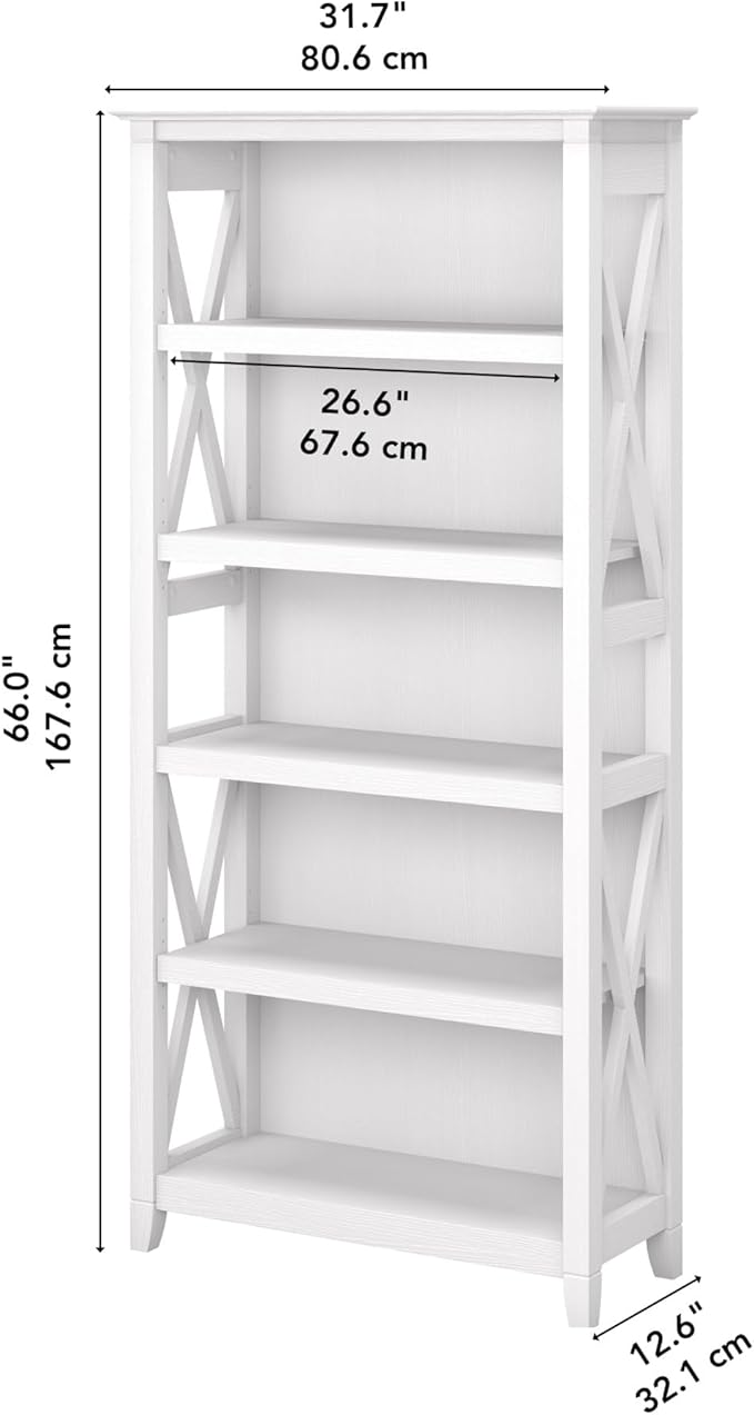 Bush Furniture Tall 5 Shelf Bookcase for Living Room or Home Office, Large Bookshelf, Modern Farmhouse Style, Key West Collection, Pure White Oak