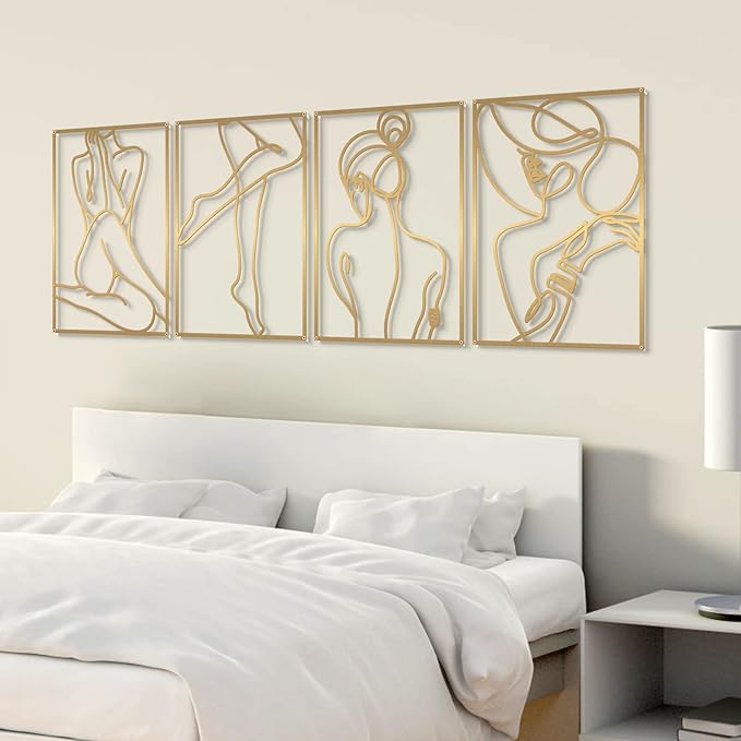 Glamativity Large 4 Pack Gold Wall Art, Minimalist Single Line Art, Real Metal Wall Art, Woman's Body Shape Abstract Art (Gold Elegant Style, L Size 22.5 x 15.7'')
