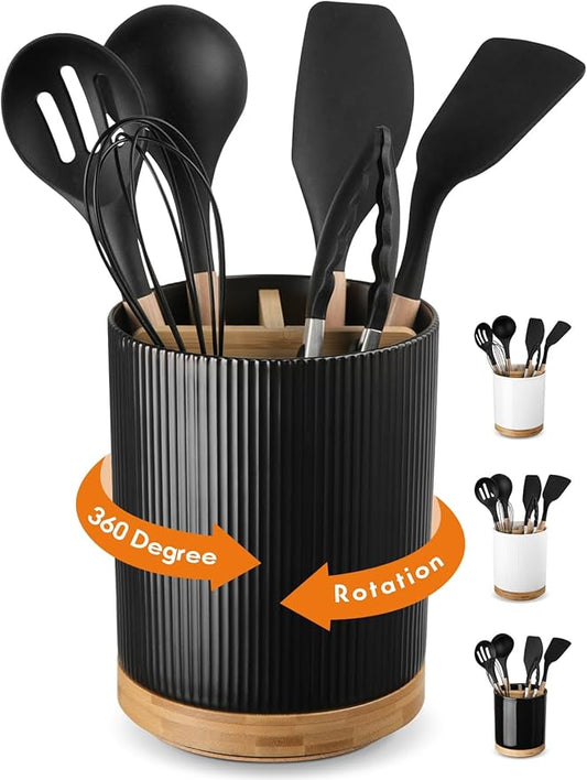 LoeJan 3 Compartment Utensil Holder, Extra Large Utensil Crock, Stable Ceramic Utensil Organizer, Cooking Tool Organizer Set for Kitchen Counter Farmhouse Decor (B-Black(Vertical Stripe))