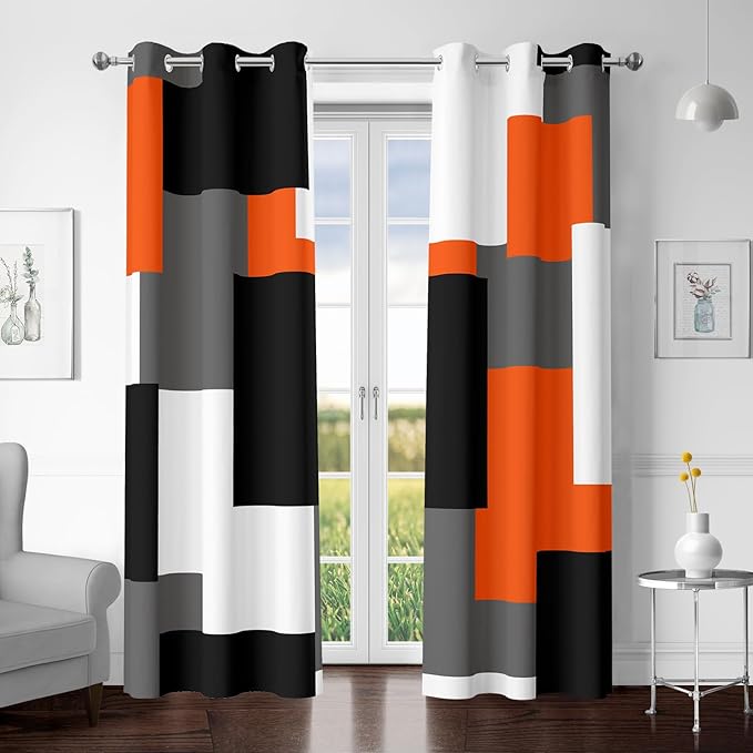 Orange 100% Blackout Curtains for Bedroom 96 inch Length 2 Panels Set White Grey Modern Abstract Geometric Black Out Curtains Insulated Room Darkening Window Drapes for Living Room, 42Wx96L