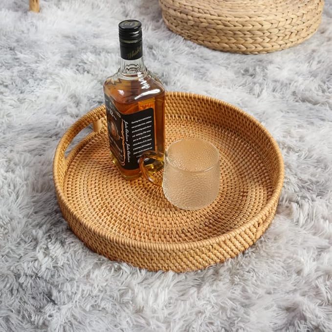 Coffee Table Tray Round Rattan Ottoman Tray Woven Serving Trays with Handles for Home and Kitchen Decorative Natural (Large 14 inch x 2.8 inch)