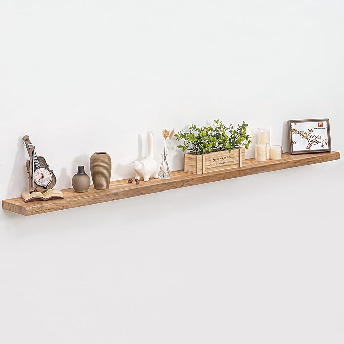 72 Inch Floating Shelves for Wall, Rustic Elm Wood Floating Shelves for Home Décor, Wall-Mounted Display Shelves with Heavy-Duty Bracket, Long Floating Shelf for Kitchen, Living Room, Natural