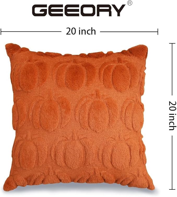 GEEORY Fall Pumpkins Soft Plush Pillow Covers, 20 x 20 Inch Set of 2, Fluffy Faux Fur Wool Decorative Farmhouse Cushion Case for Sofa Home Decoration Rust Pumpkin GC019-20