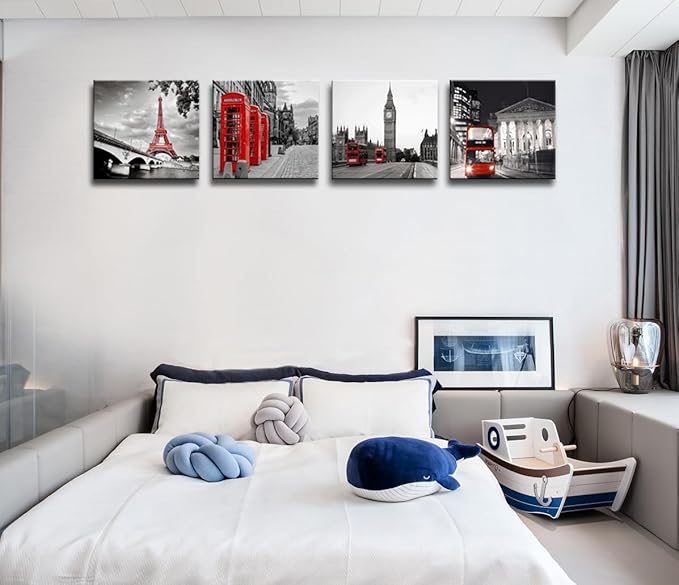 Black and White City Landscape Wall Art for Bedroom Red Street Scenery Canvas Decor for Bathroom Paris Eiffel Tower Pictures Prints London Big Ben Artwork Poster for Living Room Office Decoration