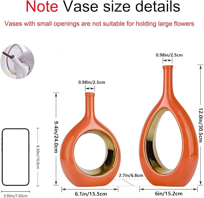 Orange and Gold Vase Ceramic Orange Vases Home Decor,Modern Minimalist Circle with Hole Decorative Vase, Hollow Ellipse Flower vases for Bookshelf, Fireplace Mantle,Centerpieces,Farmhouse,Rustic Décor
