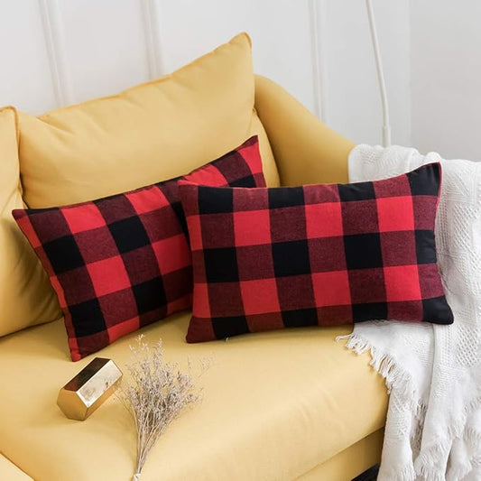 MIULEE Pack of 2 Classic Farmhouse Buffalo Check Plaids Polyester Linen Soft Solid Black and Red Decorative Throw Pillow Covers Home Decor Cushion Case for Sofa Bedroom Outdoor 12 x 20 Inch