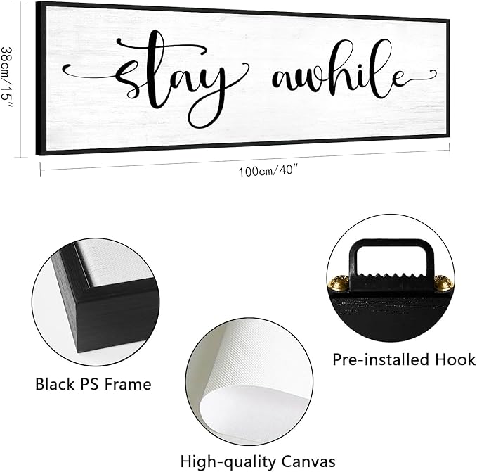 Stay Awhile Sign Wall Decor: 40''×15'' Farmhouse Kitchen Wall Art Print Rustic Framed Canvas Painting, Large Black Hanging Plaque for Dining Room Living Room Bedroom Home Decor