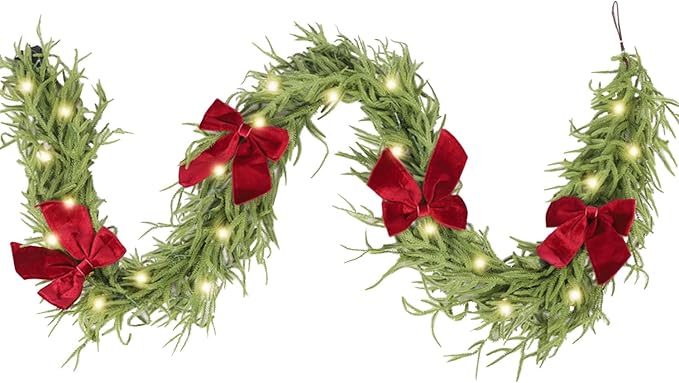 9ft Christmas Garland with Lights,Lighted Norfolk Pine Garland for Mantle,Prelit Real Touch Artificial Green Christmas Winter Garland with Large Burgundy Velvet Bow for Indoor Outdoor Decor