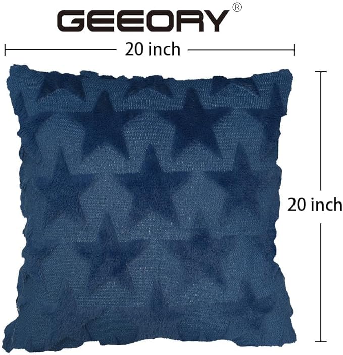 GEEORY 4TH of July Stars Soft Plush Pillow Covers, 20 x 20 Inch Set of 2, Fluffy Faux Fur Wool Decorative Farmhouse Cushion Case for Sofa Home Decoration Blue GC017-20
