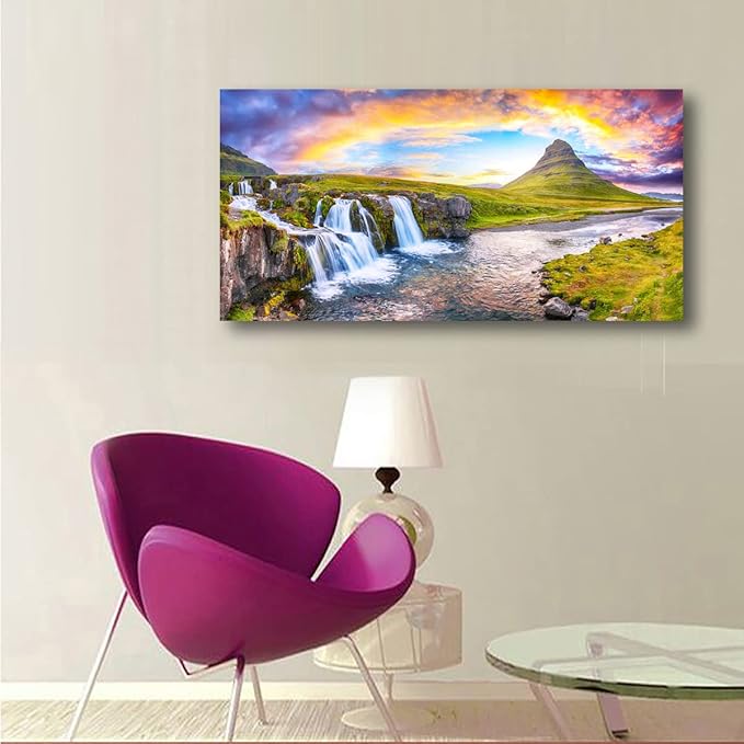 Waterfall Hill Pictures Canvas Wall Art For Living Room Bedroom Wall Decor,Hill Wall Art Print Paitnings for Home Decor,Morden Artwork Cloud Rainbow Canvas Art Waterproof Ready to Hang-20X40Inches