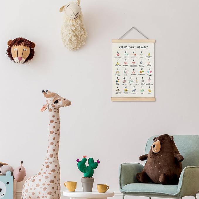 Supwhd Coping Skills Alphabet Poster for Kids, Mental Health Wall Decor for Classroom Nursery Kids Room Playroom School Counselor Office, Mental Health Poster Hanger Frame, 12x16